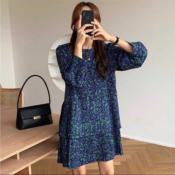 Long Sleeve Floral Print Tiered Pleated Mini Dress - Picture 5 of 9